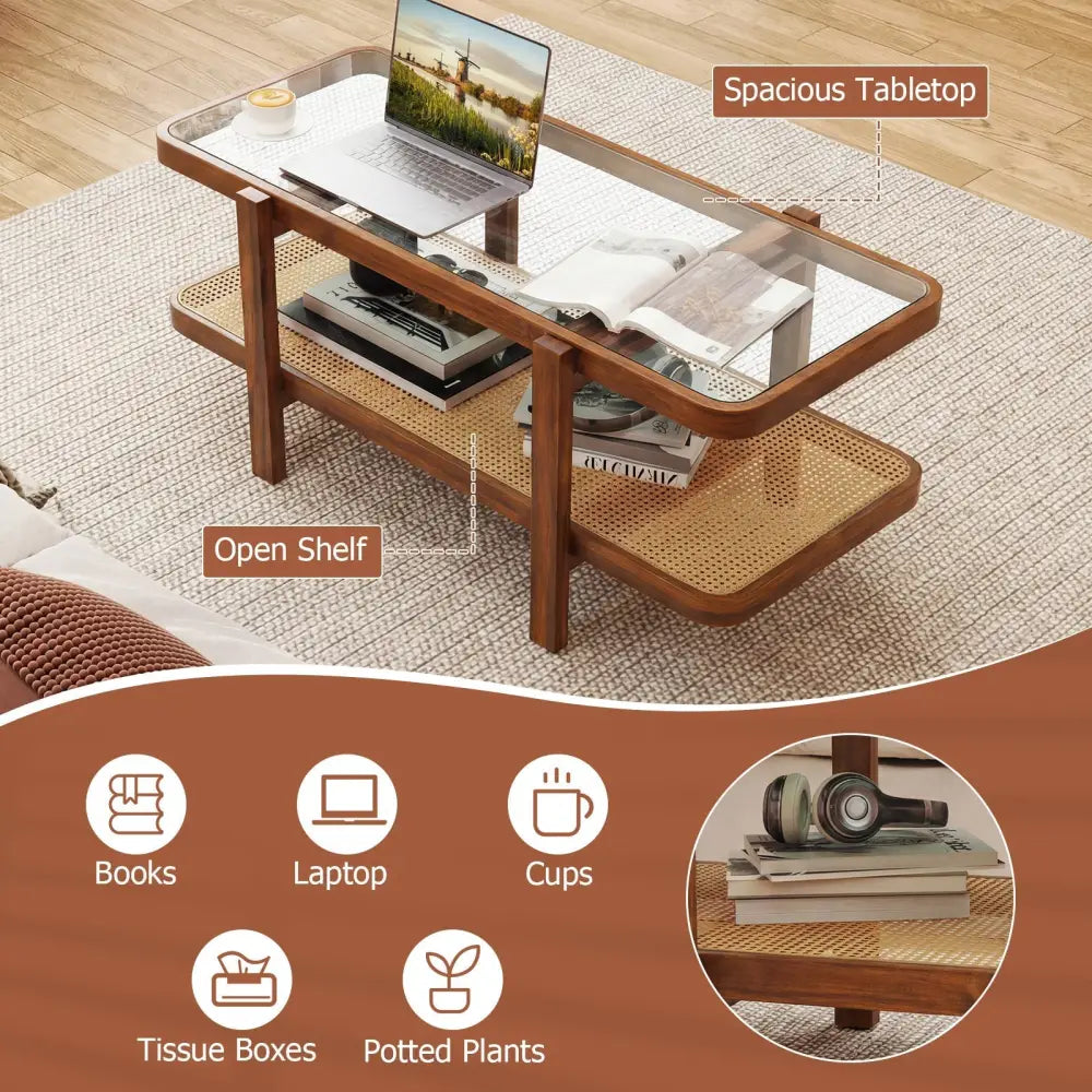 2-Tier Coffee Table with Storage and Tempered Glass Tabletop-Coffee Costway
