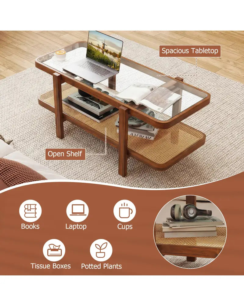 2-Tier Coffee Table with Storage and Tempered Glass Tabletop-Coffee - Coffee - Coffee Tables