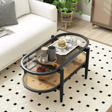 2-Tier Coffee Table with Tempered Glass Tabletop and Acacia Wood Frame-Black Costway