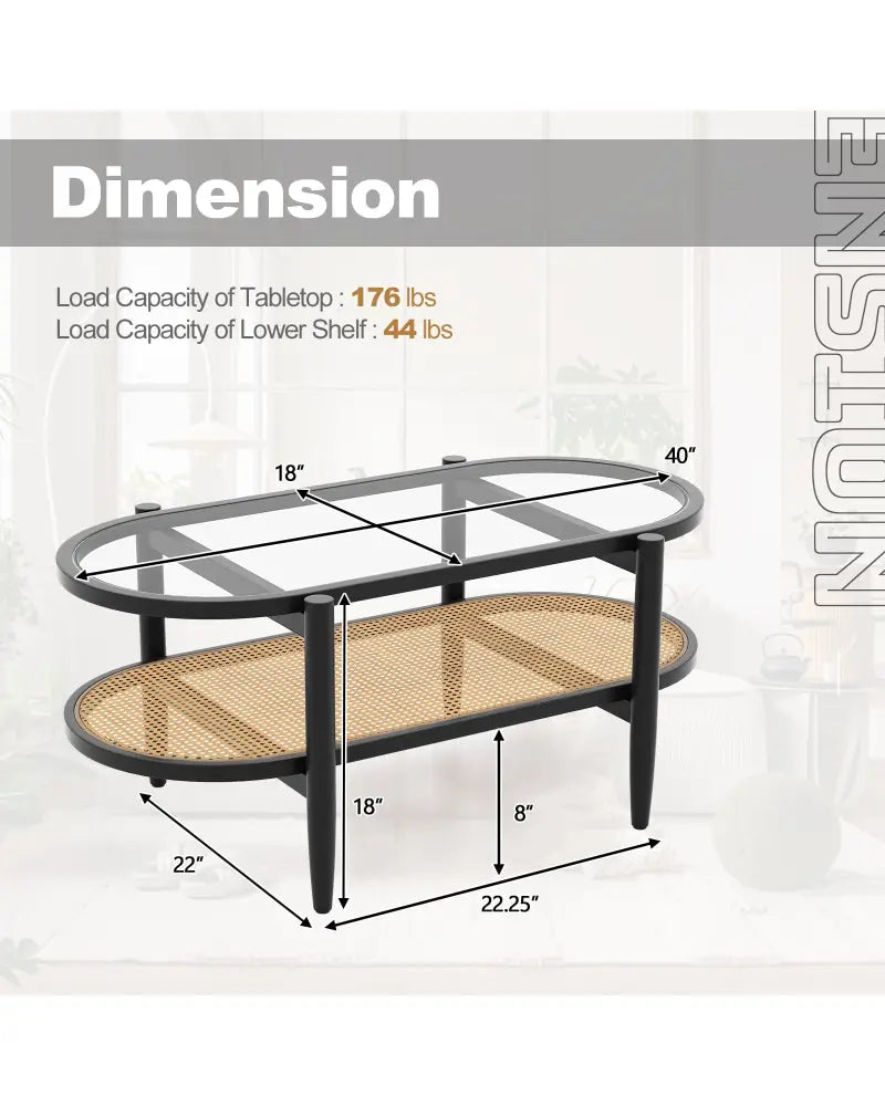 2-Tier Coffee Table with Tempered Glass Tabletop and Acacia Wood Frame-Black - Black - Coffee Tables