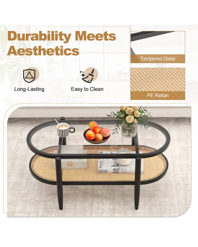 2-Tier Coffee Table with Tempered Glass Tabletop and Acacia Wood Frame-Black - Black - Coffee Tables