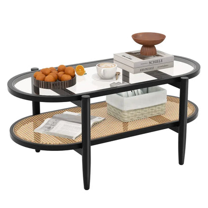 2-Tier Coffee Table with Tempered Glass Tabletop and Acacia Wood Frame-Black Costway