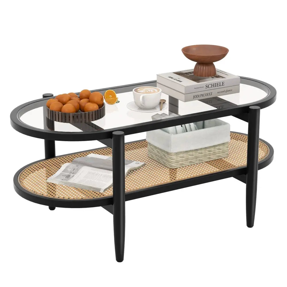 2-Tier Coffee Table with Tempered Glass Tabletop and Acacia Wood Frame-Black Costway