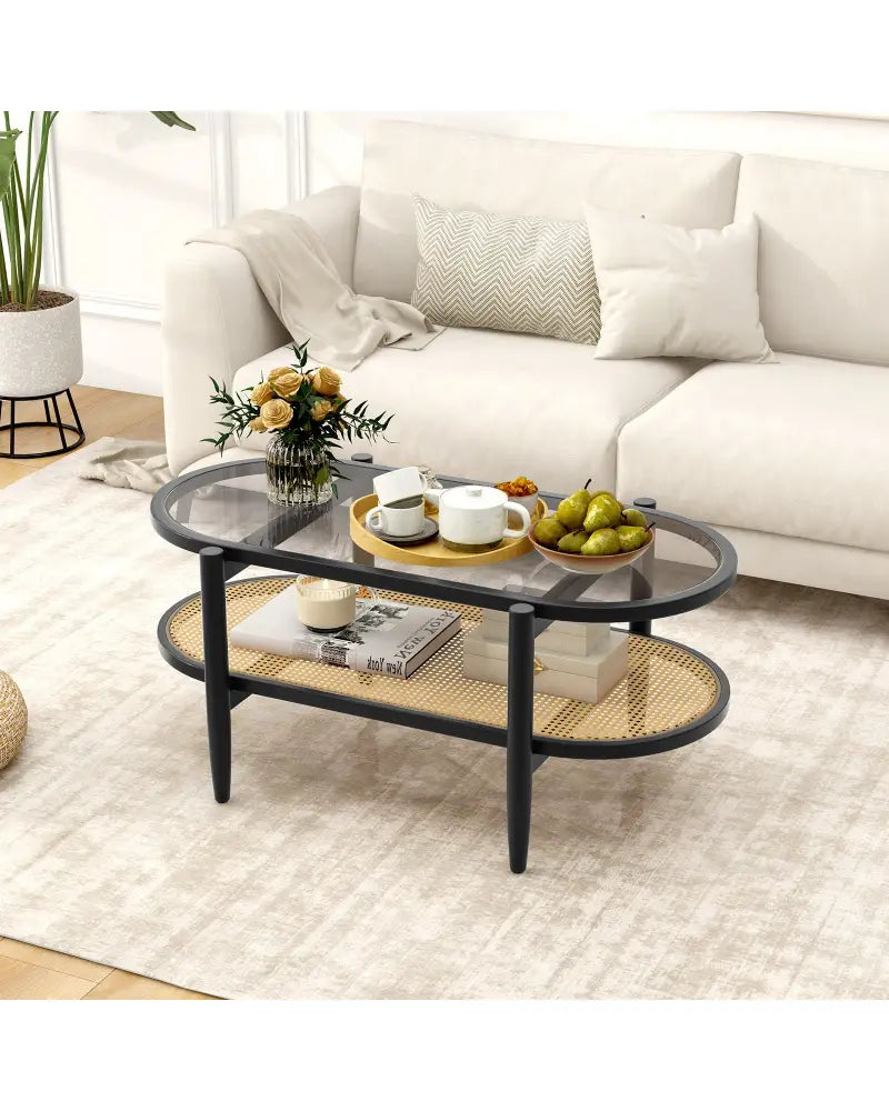 2-Tier Coffee Table with Tempered Glass Tabletop and Acacia Wood Frame-Black - Black - Coffee Tables