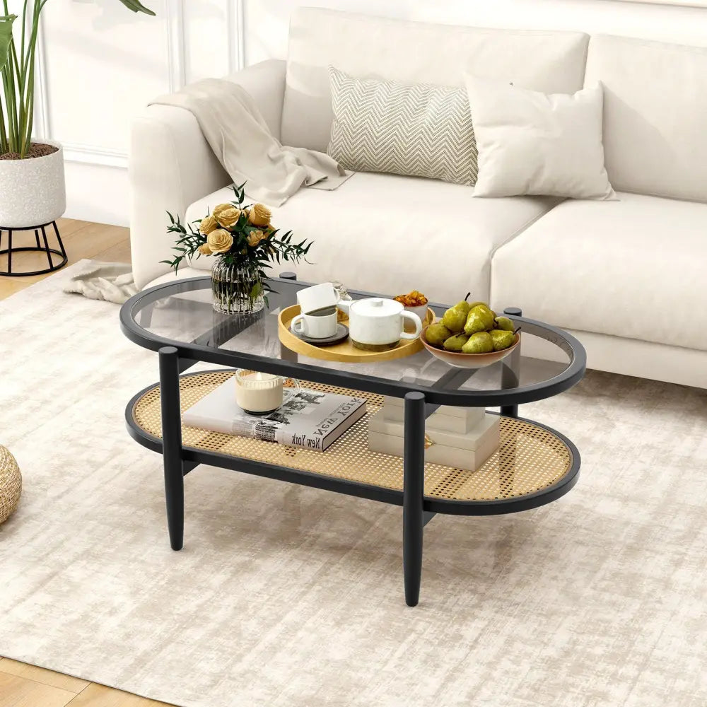 2-Tier Coffee Table with Tempered Glass Tabletop and Acacia Wood Frame-Black Costway