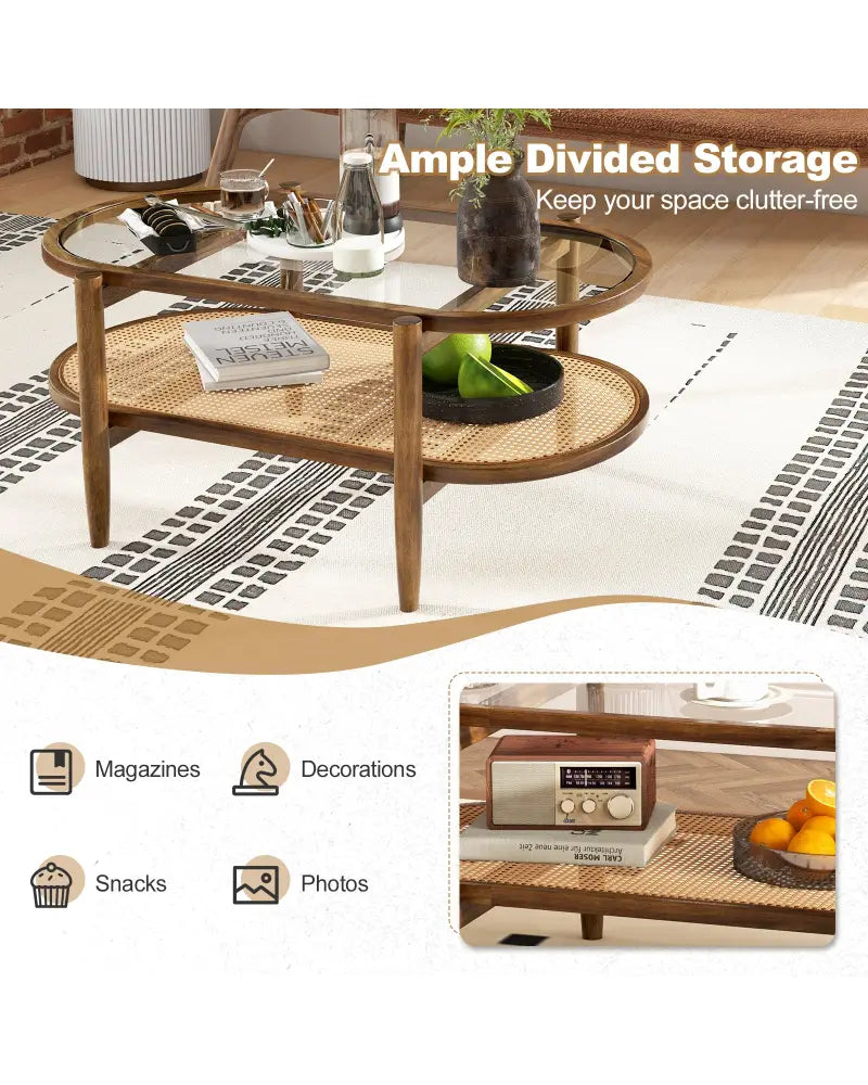 2-Tier Coffee Table with Tempered Glass Tabletop and Acacia Wood Frame-Brown - Brown - Coffee Tables