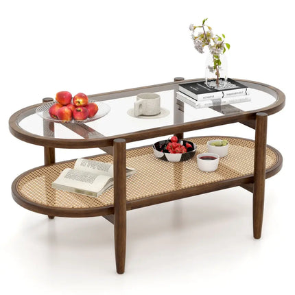 2-Tier Coffee Table with Tempered Glass Tabletop and Acacia Wood Frame-Brown Costway