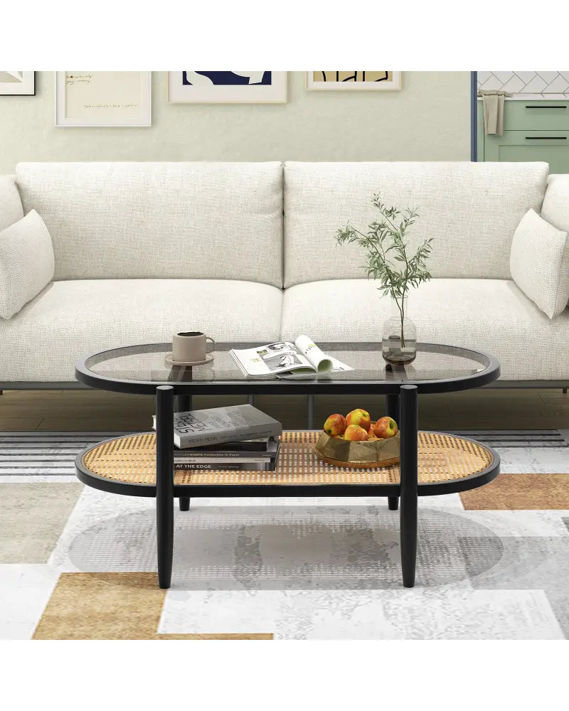 2-Tier Coffee Table with Tempered Glass Tabletop and Acacia Wood Frame-Black - Black - Coffee Tables