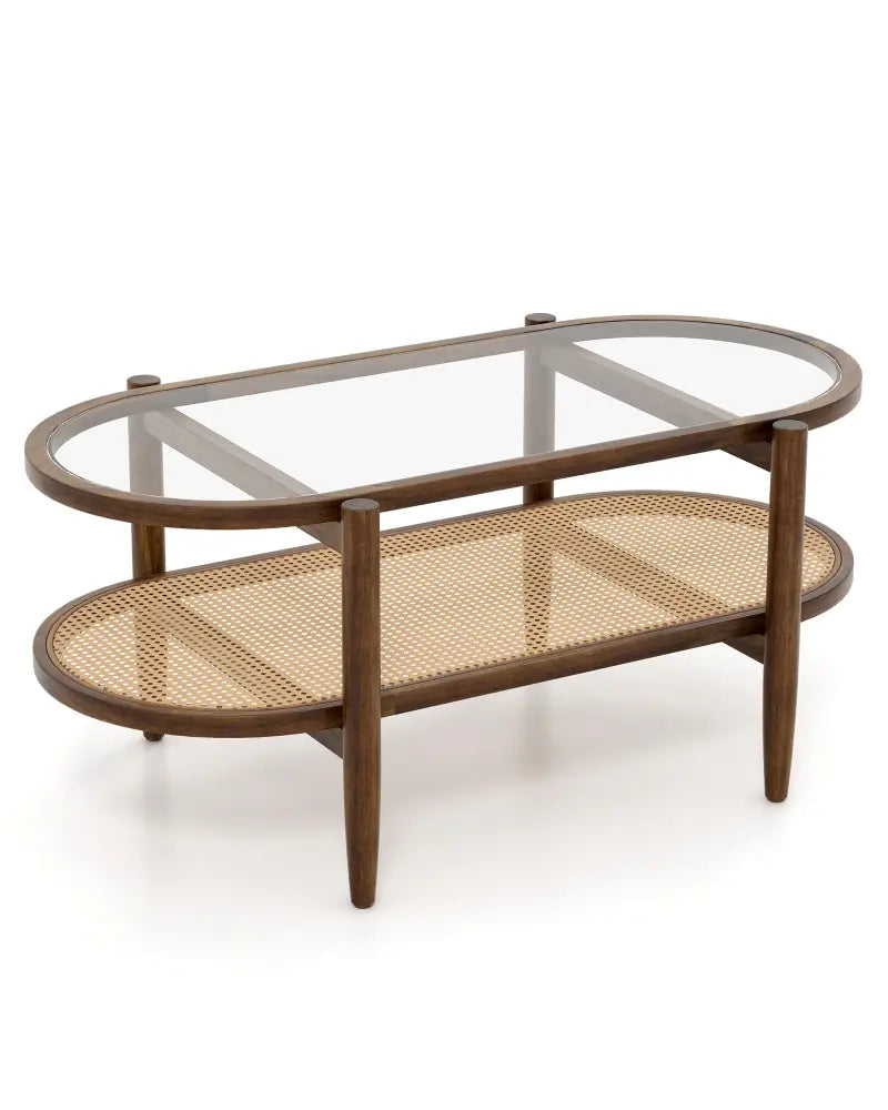2-Tier Coffee Table with Tempered Glass Tabletop and Acacia Wood Frame-Brown - Brown - Coffee Tables