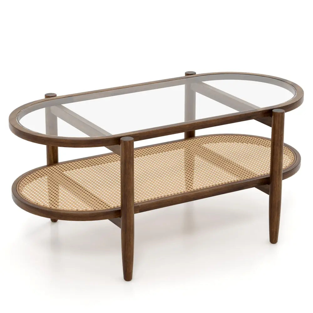 2-Tier Coffee Table with Tempered Glass Tabletop and Acacia Wood Frame-Brown - Brown - Coffee Tables