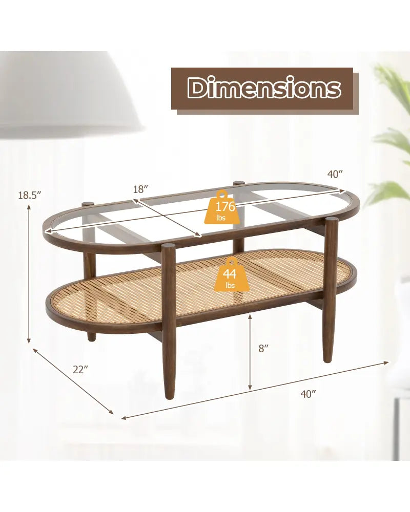 2-Tier Coffee Table with Tempered Glass Tabletop and Acacia Wood Frame-Brown - Brown - Coffee Tables