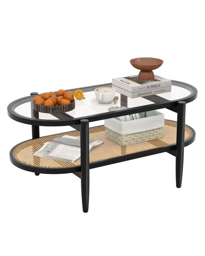 2-Tier Coffee Table with Tempered Glass Tabletop and Acacia Wood Frame-Black - Black - Coffee Tables