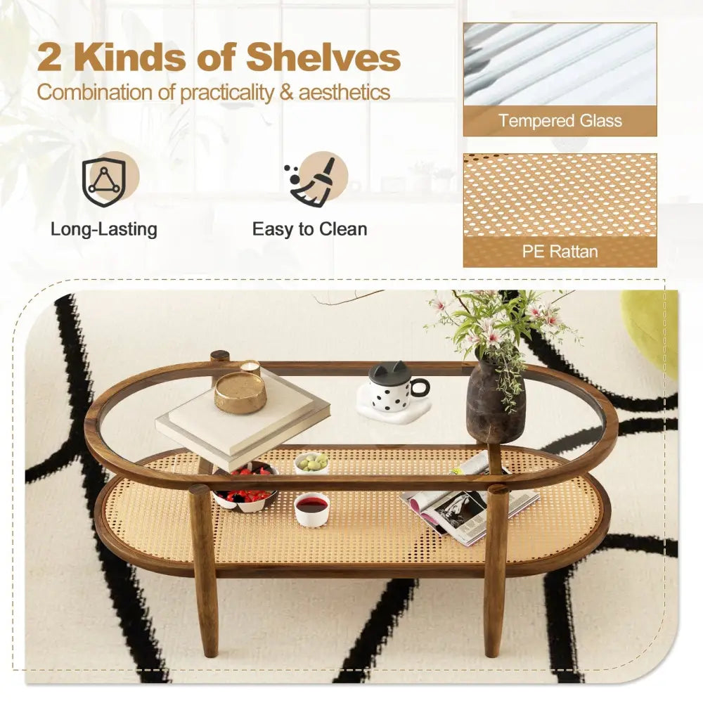 2-Tier Coffee Table with Tempered Glass Tabletop and Acacia Wood Frame-Brown Costway