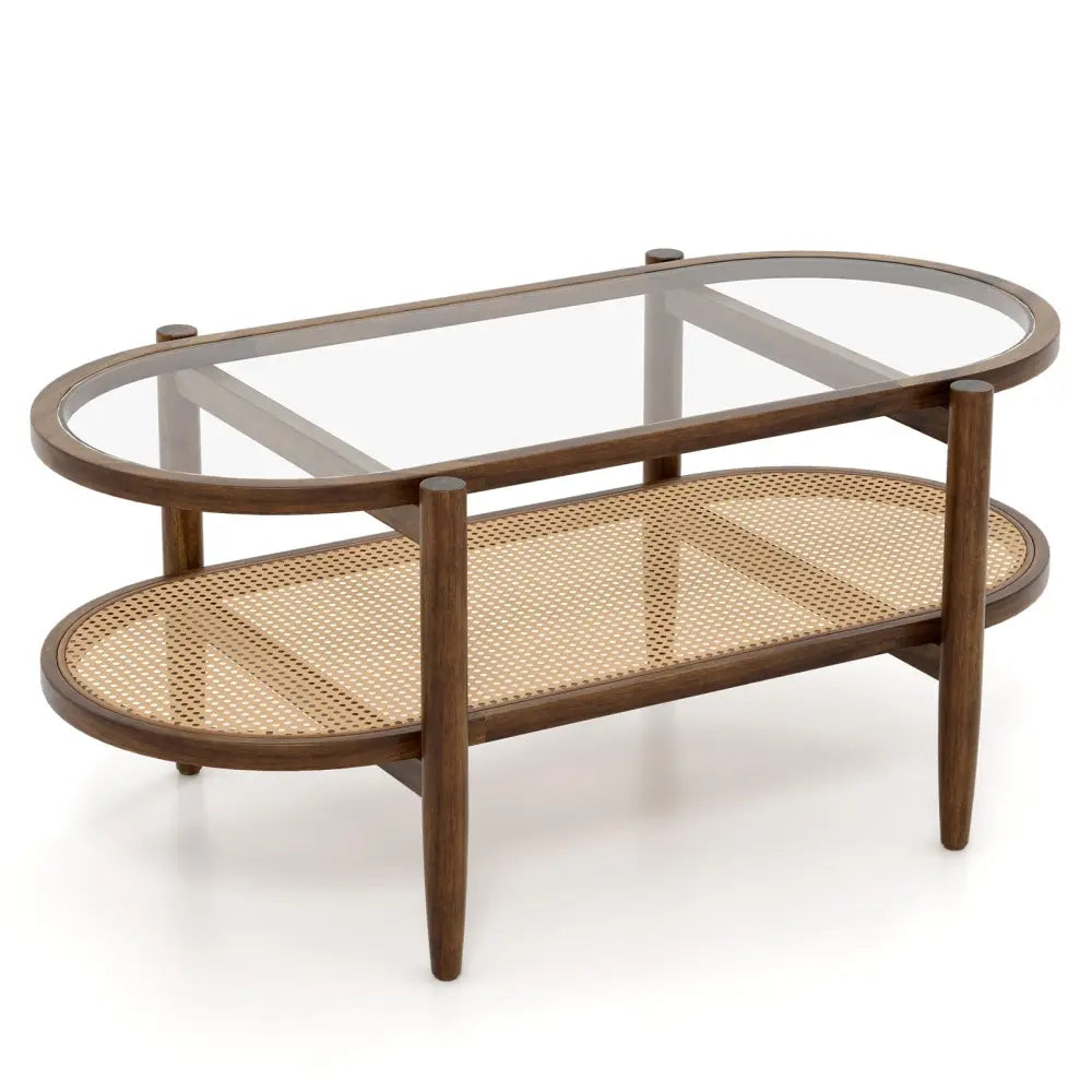 2-Tier Coffee Table with Tempered Glass Tabletop and Acacia Wood Frame-Brown Costway