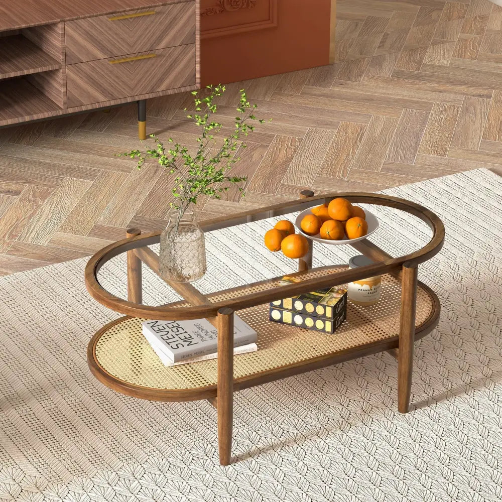 2-Tier Coffee Table with Tempered Glass Tabletop and Acacia Wood Frame-Brown Costway
