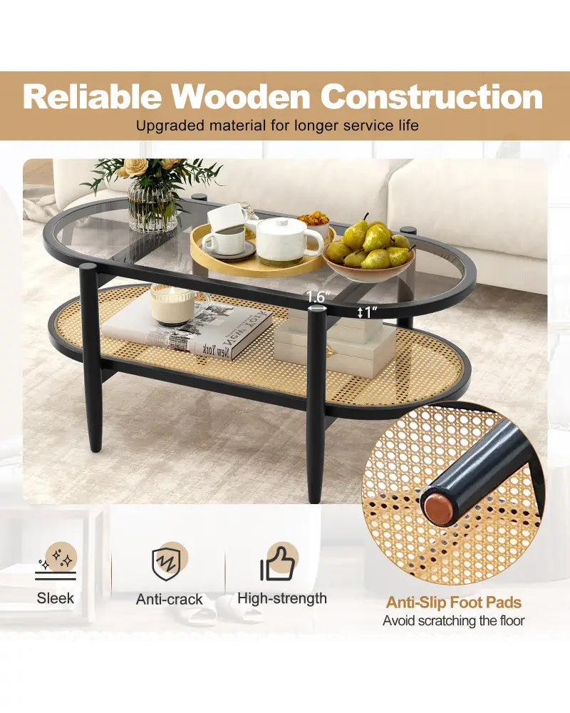 2-Tier Coffee Table with Tempered Glass Tabletop and Acacia Wood Frame-Black - Black - Coffee Tables