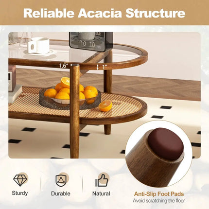 2-Tier Coffee Table with Tempered Glass Tabletop and Acacia Wood Frame-Brown Costway