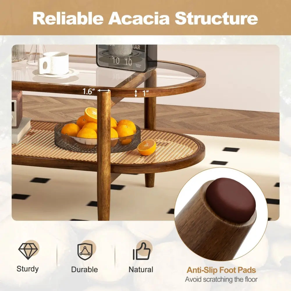 2-Tier Coffee Table with Tempered Glass Tabletop and Acacia Wood Frame-Brown Costway