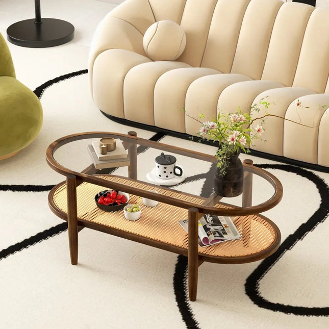 2-Tier Coffee Table with Tempered Glass Tabletop and Acacia Wood Frame-Brown Costway