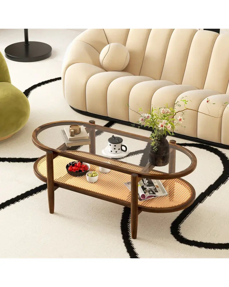 2-Tier Coffee Table with Tempered Glass Tabletop and Acacia Wood Frame-Brown - Brown - Coffee Tables