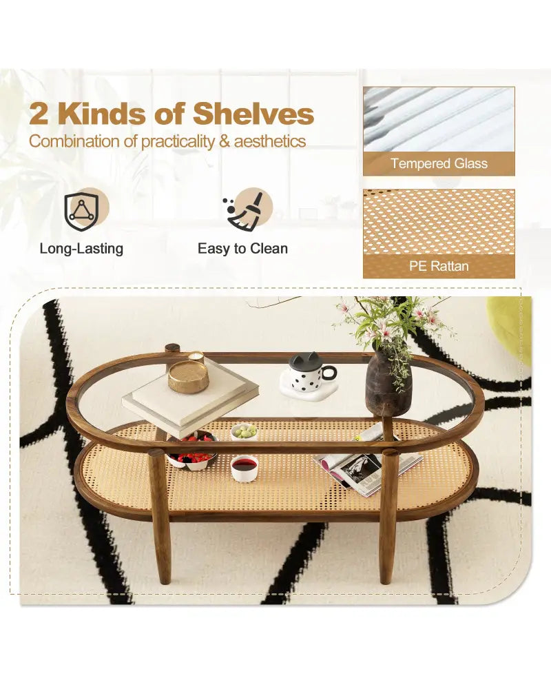 2-Tier Coffee Table with Tempered Glass Tabletop and Acacia Wood Frame-Brown - Brown - Coffee Tables