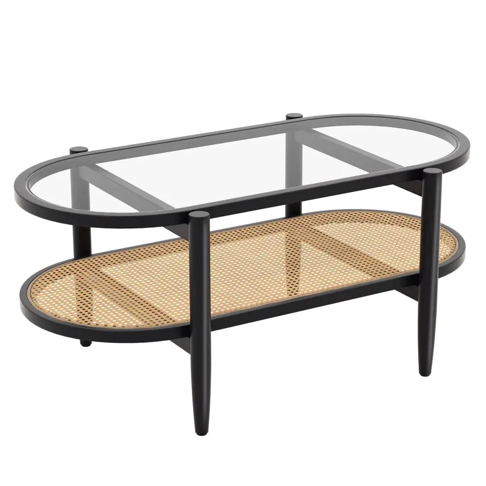 2-Tier Coffee Table with Tempered Glass Tabletop and Acacia Wood Frame-Black Costway