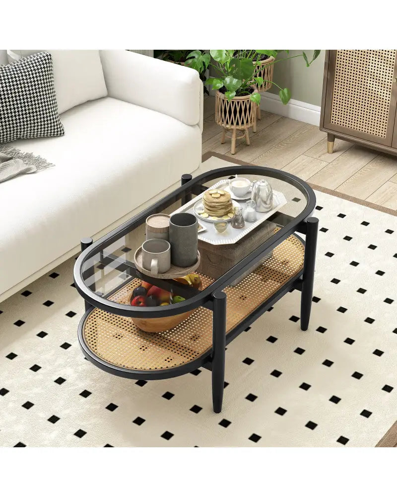 2-Tier Coffee Table with Tempered Glass Tabletop and Acacia Wood Frame-Black - Black - Coffee Tables