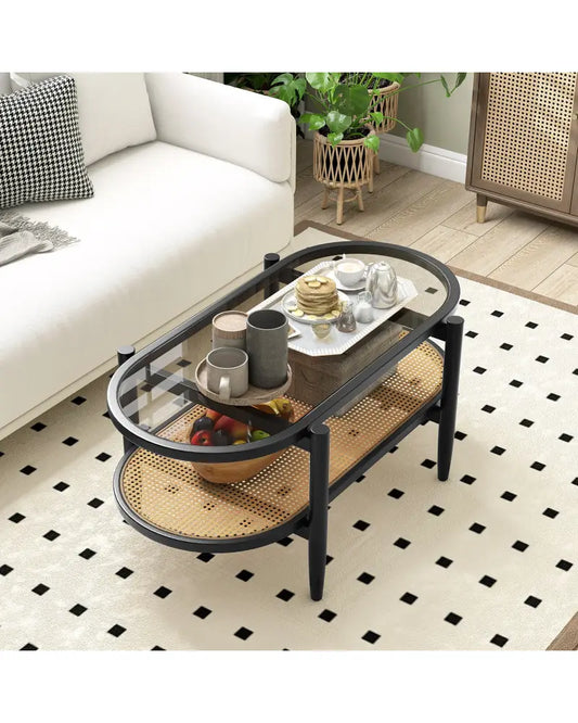2-Tier Coffee Table with Tempered Glass Tabletop and Acacia Wood Frame-Black - Black - Coffee Tables