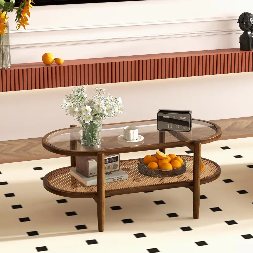 2-Tier Coffee Table with Tempered Glass Tabletop and Acacia Wood Frame-Brown Costway