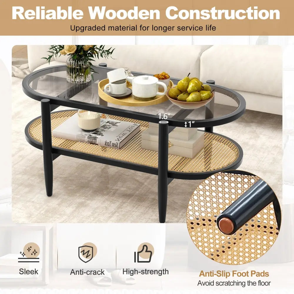 2-Tier Coffee Table with Tempered Glass Tabletop and Acacia Wood Frame-Black Costway