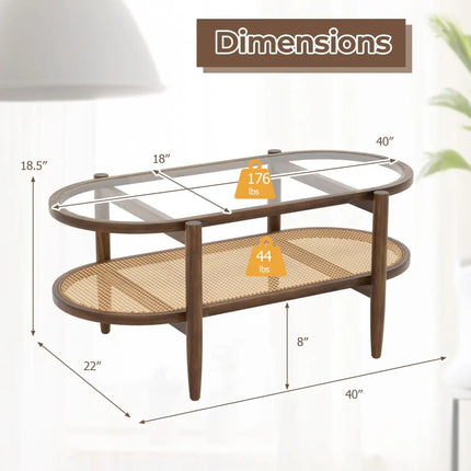2-Tier Coffee Table with Tempered Glass Tabletop and Acacia Wood Frame-Brown Costway