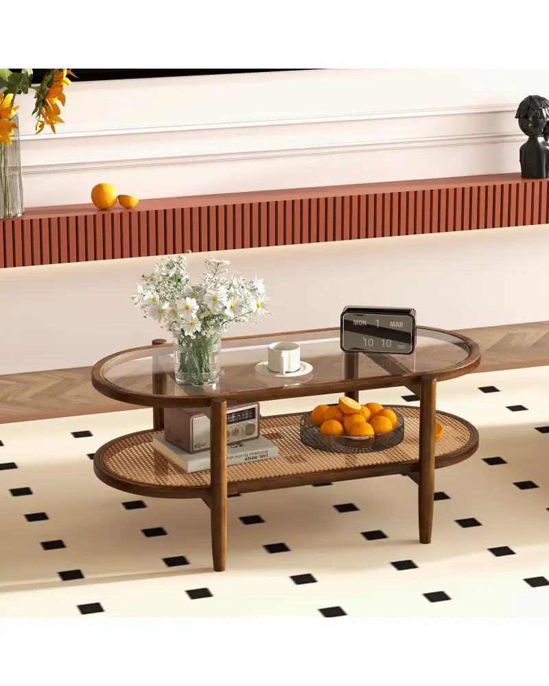 2-Tier Coffee Table with Tempered Glass Tabletop and Acacia Wood Frame-Brown - Brown - Coffee Tables