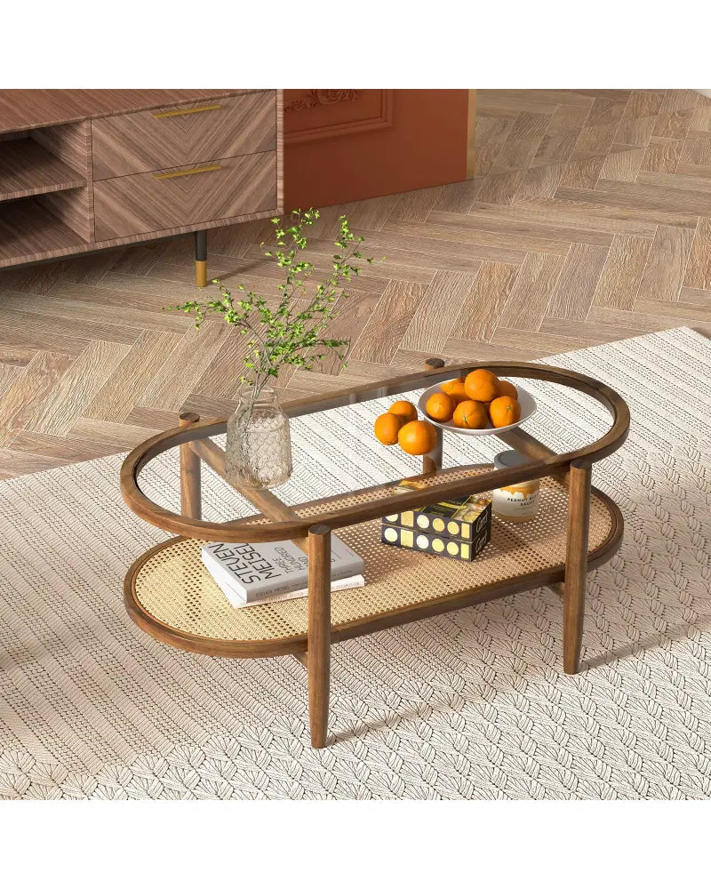 2-Tier Coffee Table with Tempered Glass Tabletop and Acacia Wood Frame-Brown - Brown - Coffee Tables