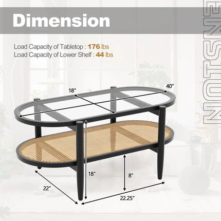 2-Tier Coffee Table with Tempered Glass Tabletop and Acacia Wood Frame-Black Costway