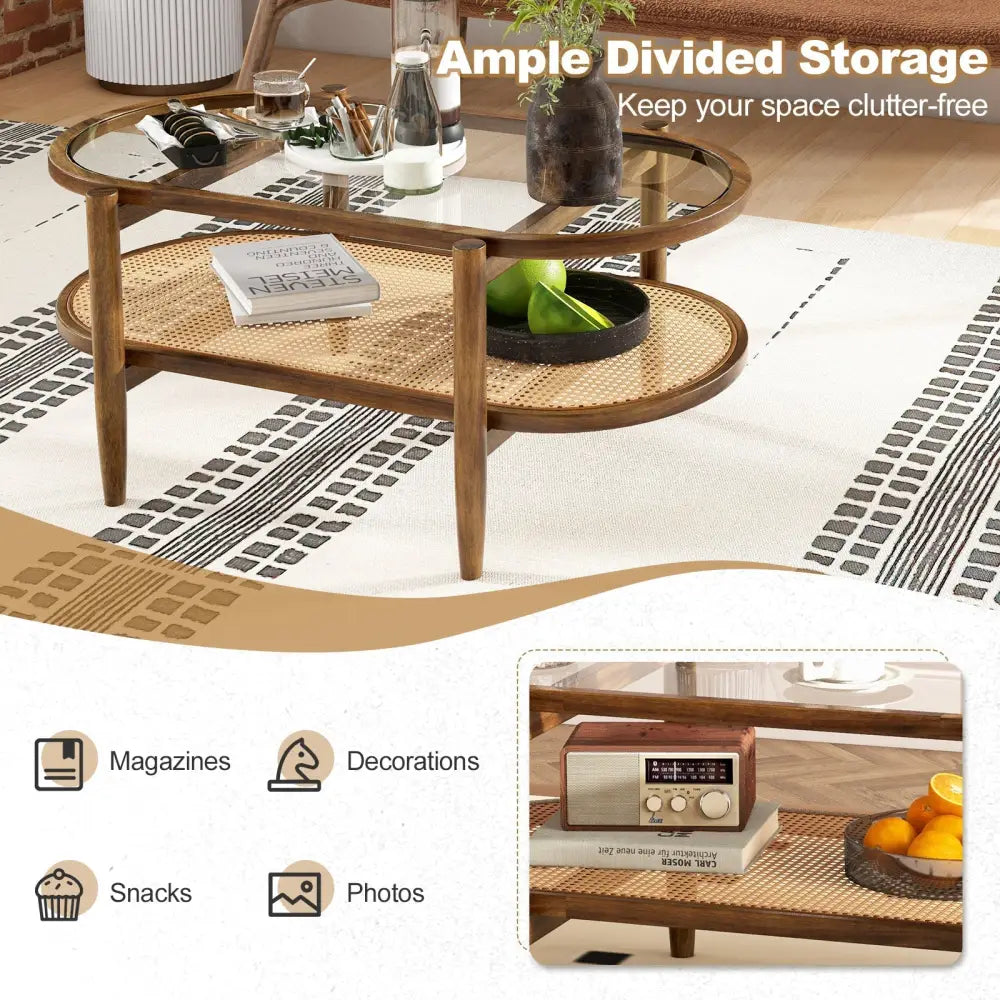 2-Tier Coffee Table with Tempered Glass Tabletop and Acacia Wood Frame-Brown Costway
