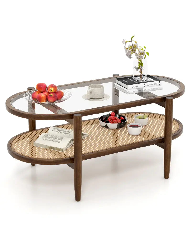 2-Tier Coffee Table with Tempered Glass Tabletop and Acacia Wood Frame-Brown - Brown - Coffee Tables