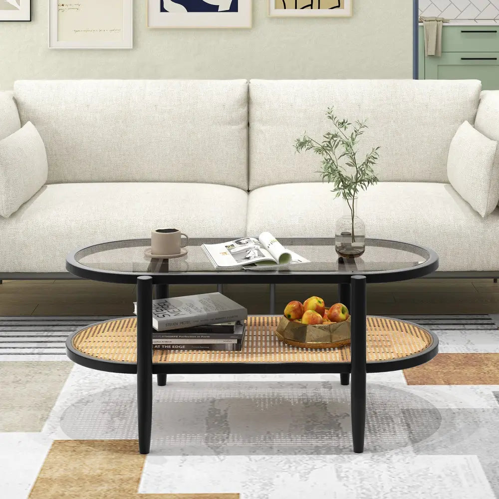 2-Tier Coffee Table with Tempered Glass Tabletop and Acacia Wood Frame-Black Costway