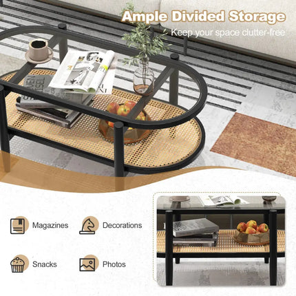 2-Tier Coffee Table with Tempered Glass Tabletop and Acacia Wood Frame-Black Costway