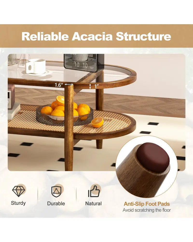 2-Tier Coffee Table with Tempered Glass Tabletop and Acacia Wood Frame-Brown - Brown - Coffee Tables