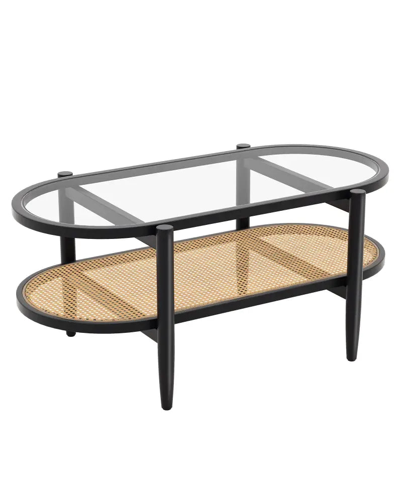 2-Tier Coffee Table with Tempered Glass Tabletop and Acacia Wood Frame-Black - Black - Coffee Tables