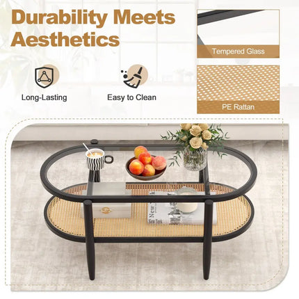 2-Tier Coffee Table with Tempered Glass Tabletop and Acacia Wood Frame-Black Costway