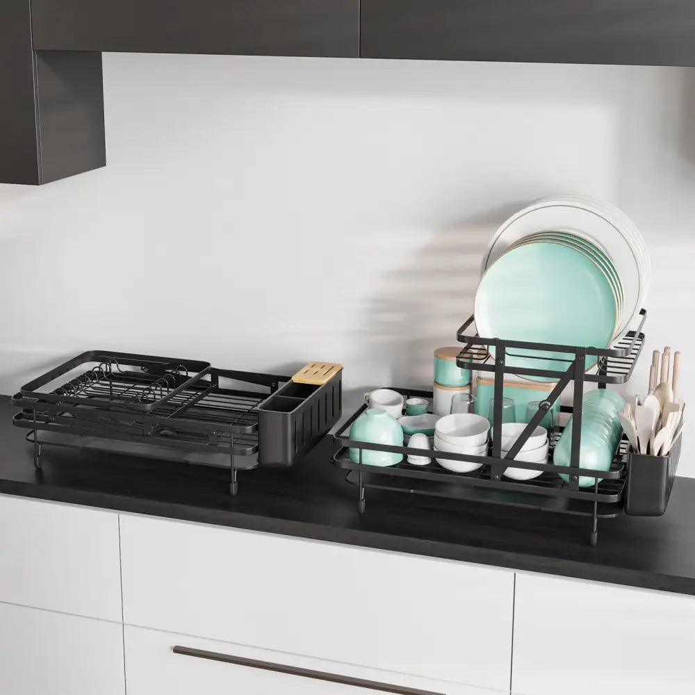 2-Tier Collapsible Dish Rack with Removable Drip Tray-Black - Black - Dish Racks