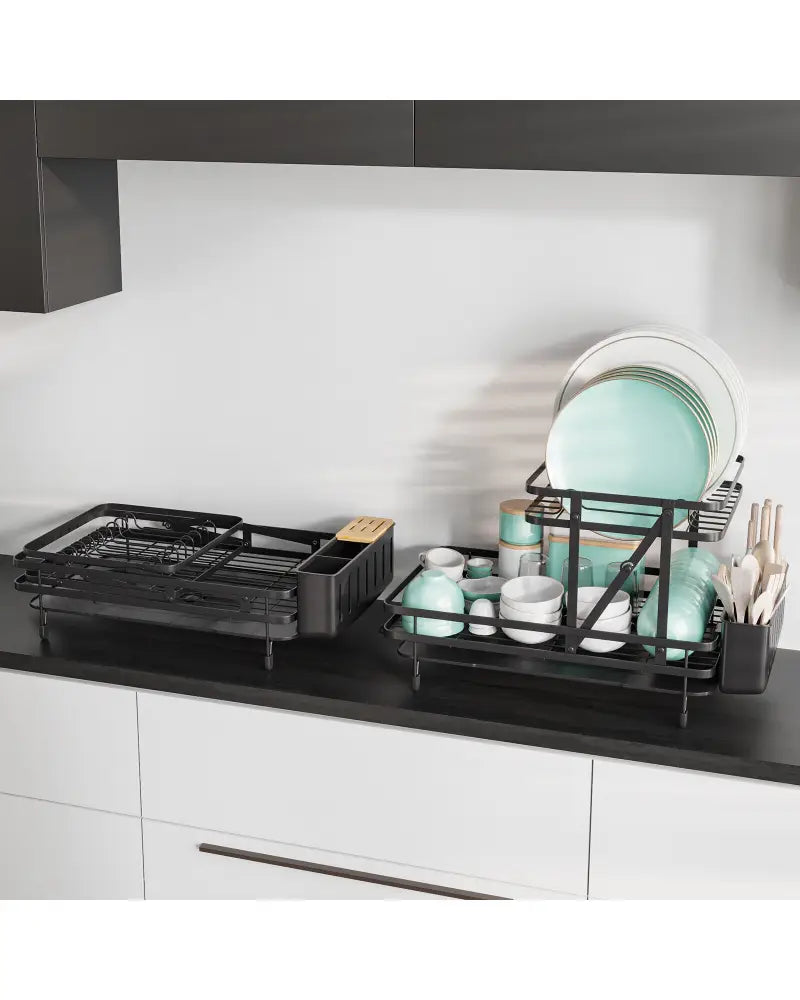 2-Tier Collapsible Dish Rack with Removable Drip Tray-Black - Black - Dish Racks