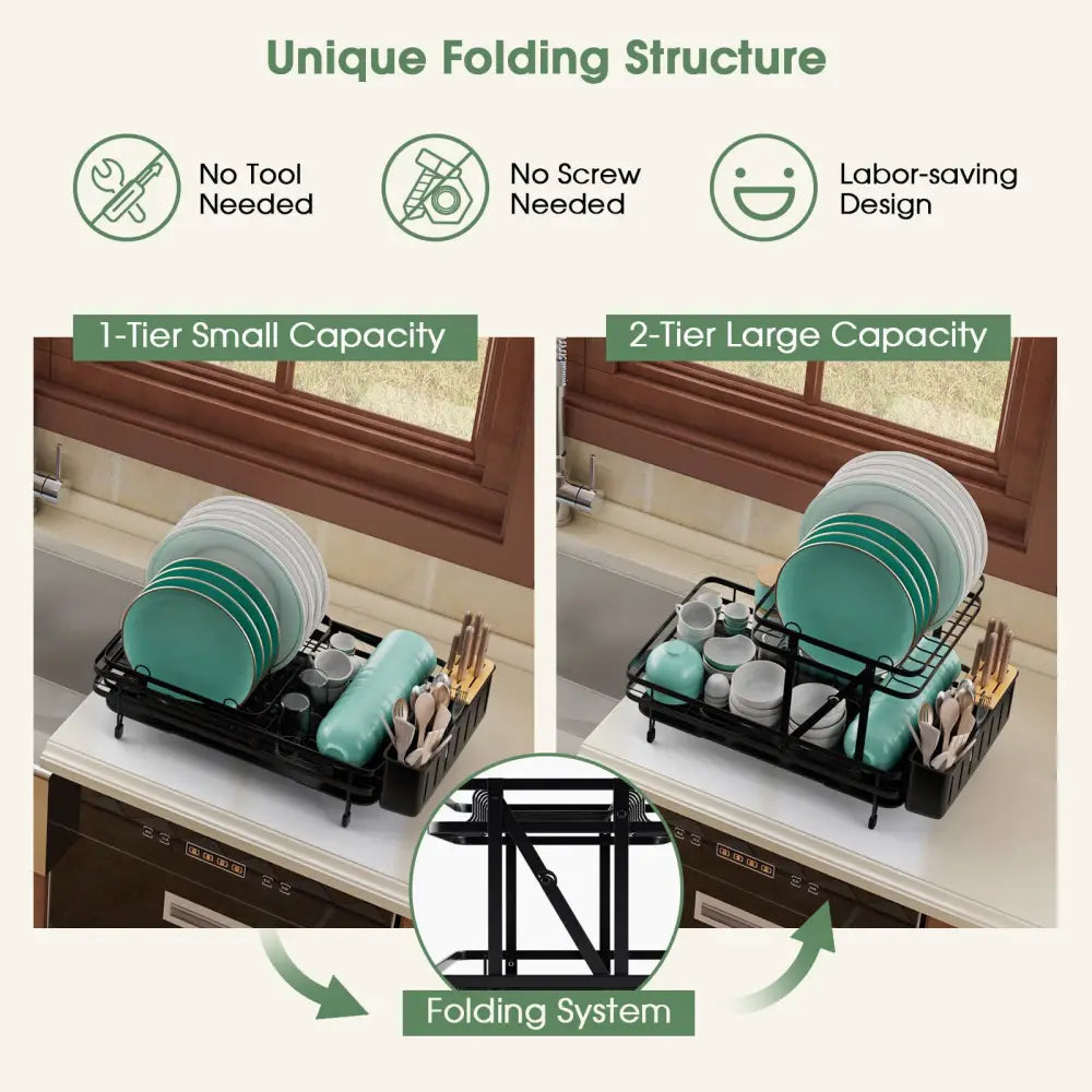 2-Tier Collapsible Dish Rack with Removable Drip Tray-Black - Black - Dish Racks