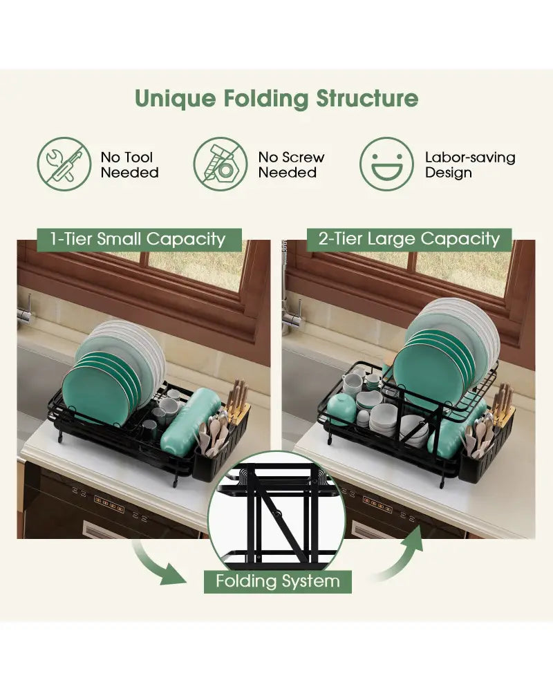 2-Tier Collapsible Dish Rack with Removable Drip Tray-Black - Black - Dish Racks