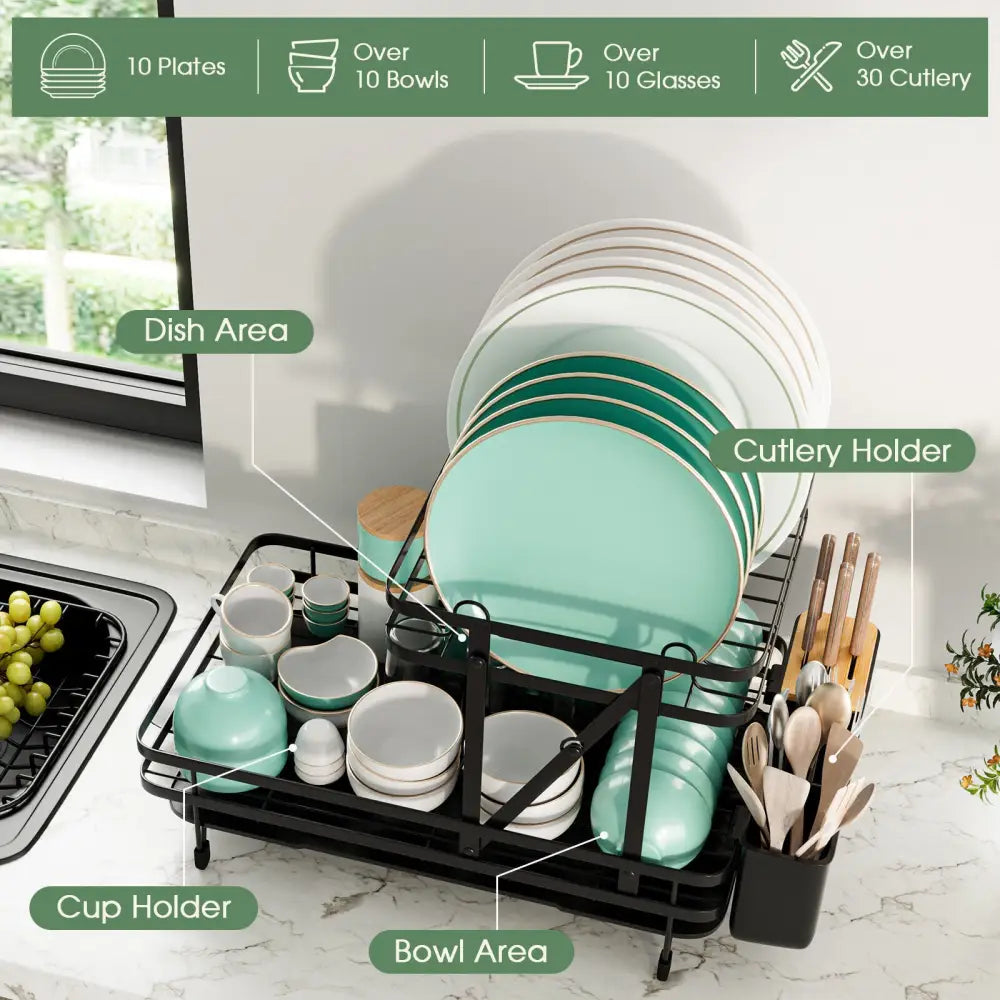 2-Tier Collapsible Dish Rack with Removable Drip Tray-Black - Black - Dish Racks