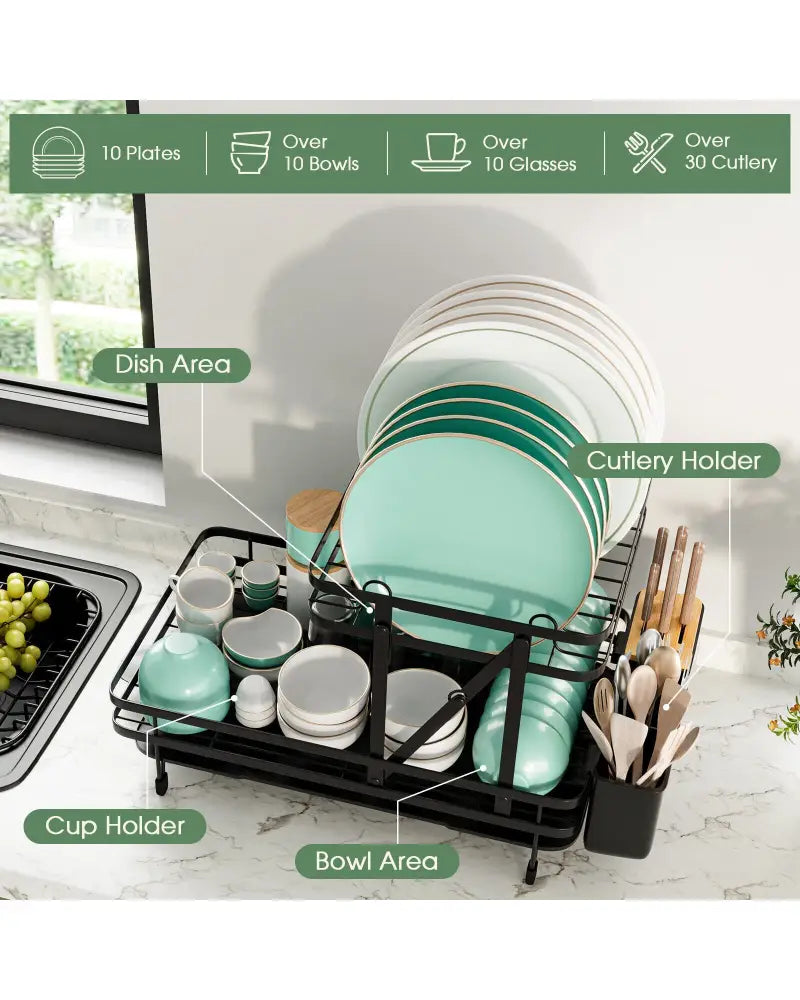 2-Tier Collapsible Dish Rack with Removable Drip Tray-Black - Black - Dish Racks