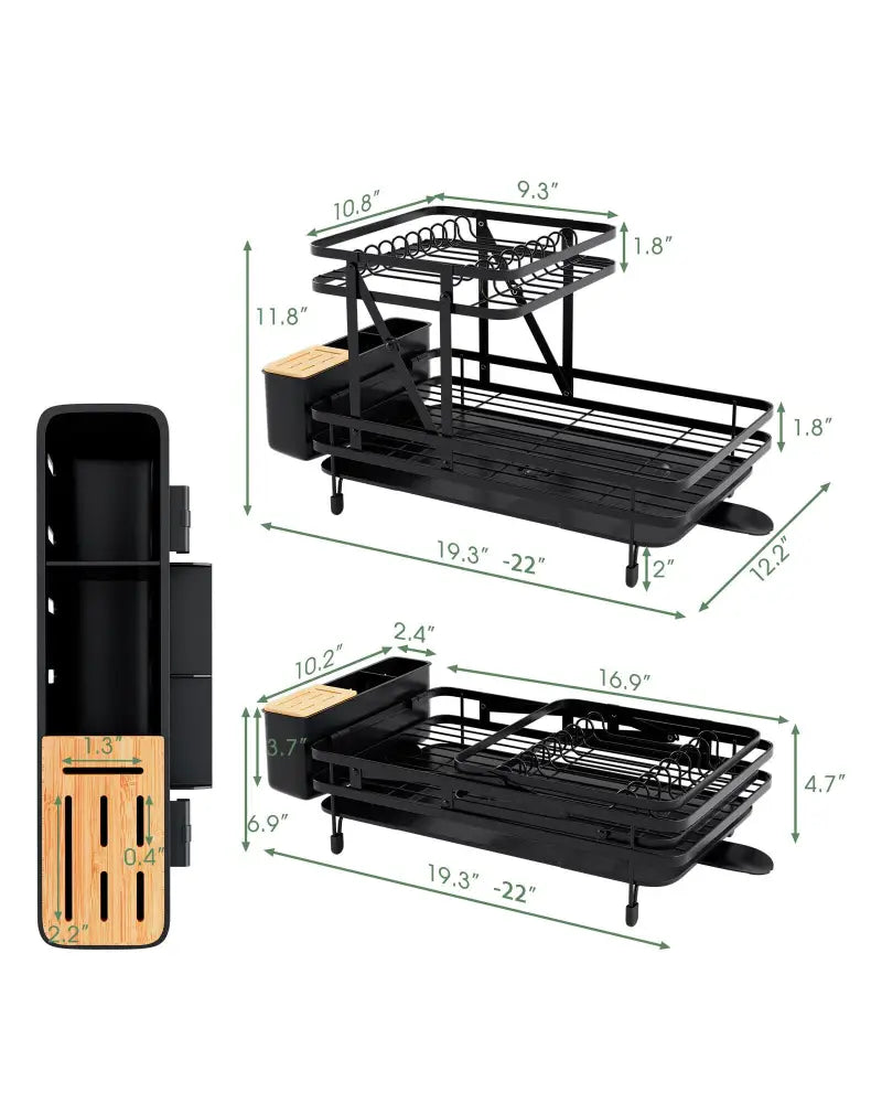 2-Tier Collapsible Dish Rack with Removable Drip Tray-Black - Black - Dish Racks