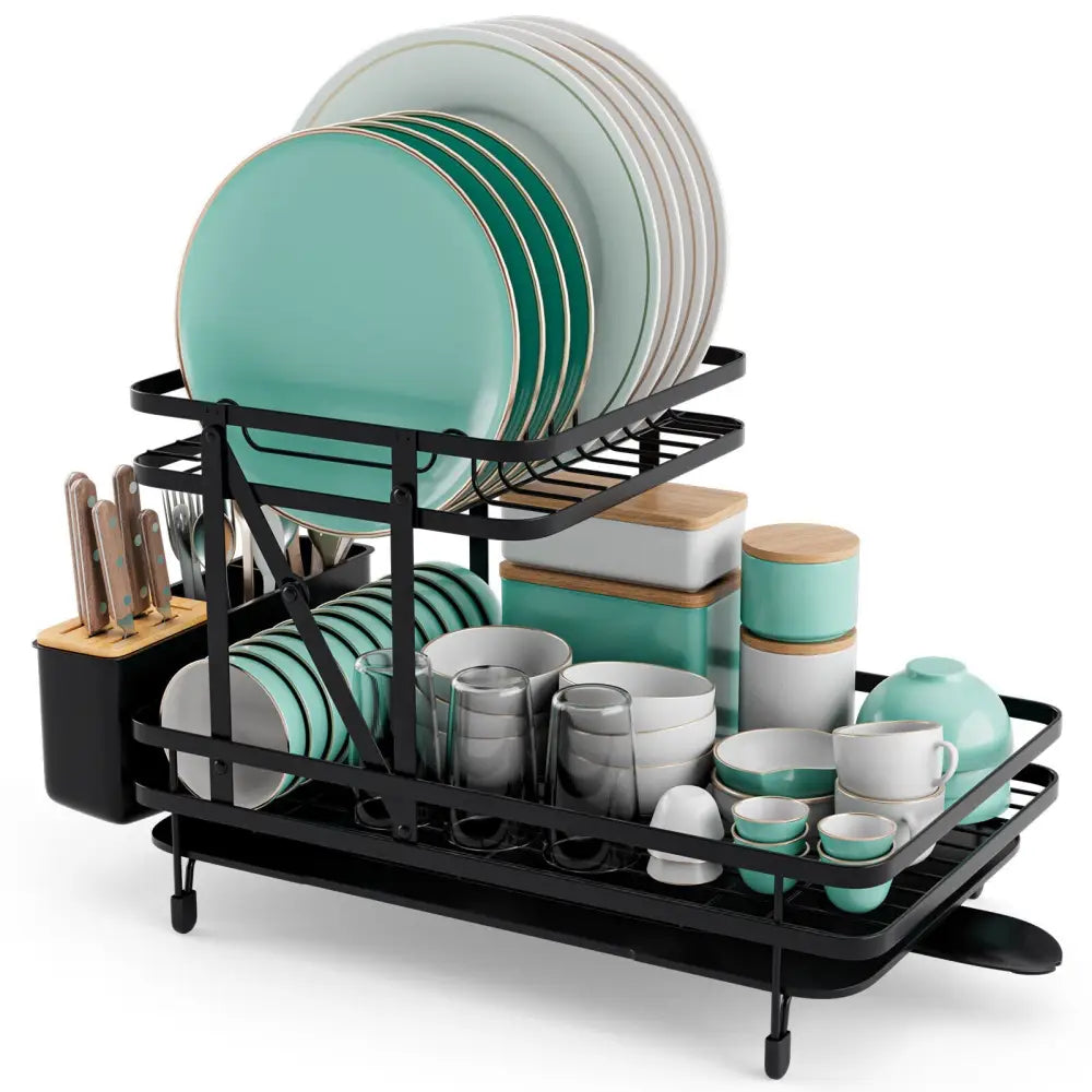 2-Tier Collapsible Dish Rack with Removable Drip Tray-Black - Black - Dish Racks