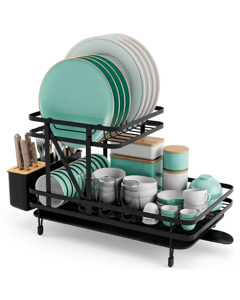 2-Tier Collapsible Dish Rack with Removable Drip Tray-Black - Black - Dish Racks